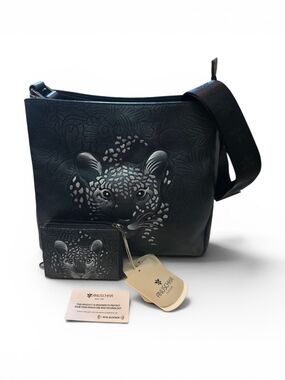 Anuschka Black Embossed Leopard Crossbody Bag And Matching Wallet.